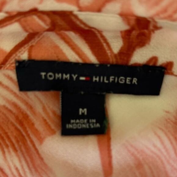Tommy Hilfiger Top Women's Sheer Tropical Button Up Blouse Coral/Brick Size M - Picture 6 of 8